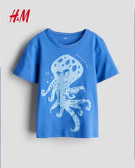 H&M BLUE OCTOPUS PRINTED COTTON T-SHIRT