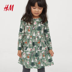 H&M GREEN WINTER ANIMALS PRINTED JERSEY DRESS
