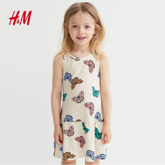 H&M LIGHT BEIGE BUTTERFLIES SLEEVELESS PRINTED DRESS