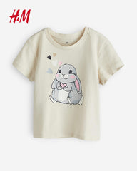 H&M LIGHT BEIGE RABBIT COTTON JERSEY T-SHIRT