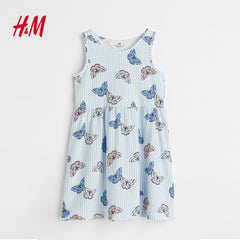 H&M LIGHT BLUE STRIPED BUTTEFLIES PRINTED DRESS