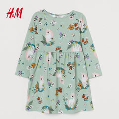 H&M LIGHT GREEN FOREST ANIMALS PRINTED JERSEY DRESS