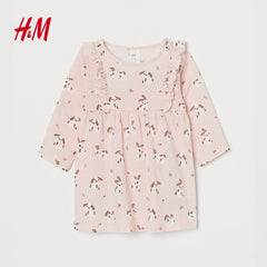 H&M LIGHT PINK RABBITS FRILL TRIMMED JERSEY DRESS