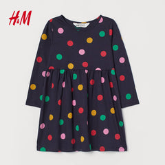 H&M NAVY DOTTED PATTERNED LONG SLEEVE JERSEY DRESS