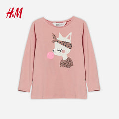 H&M PINK CAT PRINTED COTTON TOP