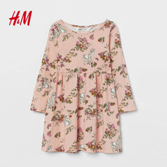 H&M POWDER PINK FOREST ANIMALS PRINTED JERSEY DRESS