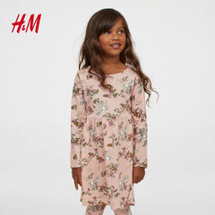 H&M POWDER PINK FOREST ANIMALS PRINTED JERSEY DRESS