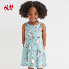 H&M TURQUOISE UNICORNS PRINTED DRESS