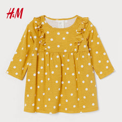 H&M YELLOW DOTTED RUFFLE TRIMMED JERSEY DRESS