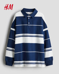 H&M BLUE STRIPED COTTON JERSEY RUGBY SHIRT