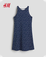 H&M DARK BLUE FLORAL SLEEVELESS JERSEY DRESS