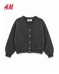 H&M GIRLS DARK CHARCOAL CHUNKY KNIT V-NECK CARDIGAN
