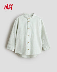 H&M GREEN STRIPED COTTON BAND COLLAR SHIRT