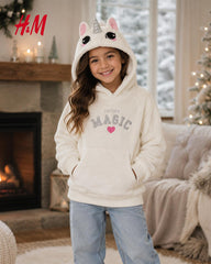 H&M IVORY FOREVER MAGIC UNICORN PLUSH FLEECE HOODIE