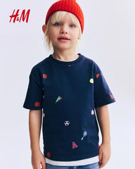 H&M NAVY BLUE SPORTS PRINTED T-SHIRT