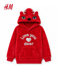 H&M RED LOVE YOU DEER PLUSH FLEECE HOODIE