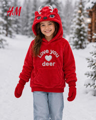 H&M RED LOVE YOU DEER PLUSH FLEECE HOODIE