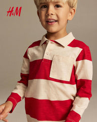 H&M RED STRIPED COTTON JERSEY POLO T-SHIRT