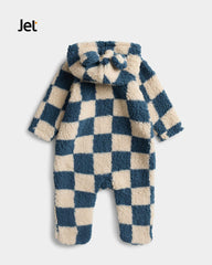 JET BLUE & CREAM CHECKERED TEDDY FLEECE ROMPER