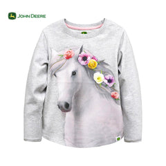 JOHN DEERE LIGHT GREY FLOWER HORSE T-SHIRT