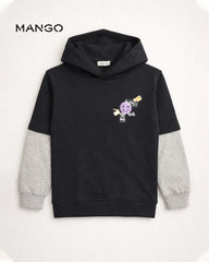 MANGO BLACK PRINTED HOODED SWEATSHIRT WITH LAYERED SLEEVE