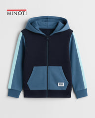 MINOTI BLUE COLOR BLOCK FLEECE ZIP HOOD WITH TROUSER SET