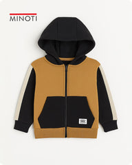 MINOTI BROWN COLOR BLOCK FLEECE ZIP HOOD WITH TROUSER SET