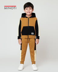 MINOTI BROWN COLOR BLOCK FLEECE ZIP HOOD WITH TROUSER SET