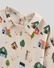 MONOPRIX ECRU FANC PRINT POLO COLLAR SWEATSHIRT