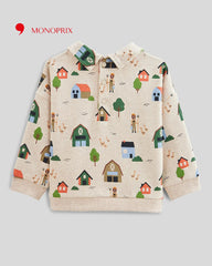 MONOPRIX ECRU FANC PRINT POLO COLLAR SWEATSHIRT