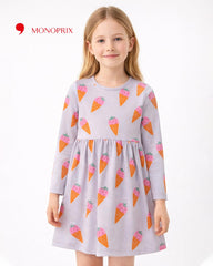 MONOPRIX LAVENDER ICECREAM PRINT LONG SLEEVE DRESS