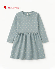 MONOPRIX SAGE GREEN PAW PRINTED LONG SLEEVE DRESS