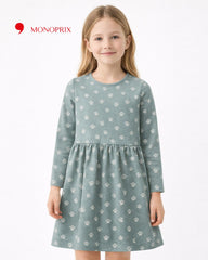 MONOPRIX SAGE GREEN PAW PRINTED LONG SLEEVE DRESS