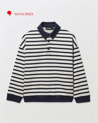MONOPRIX BLACK STRIPED COTTON POLO NECK SWEATSHIRT