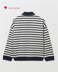 MONOPRIX BLACK STRIPED COTTON POLO NECK SWEATSHIRT