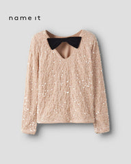 NAME IT BLUSH ORANGE BLACK BOW SEQUINED BLOUSE