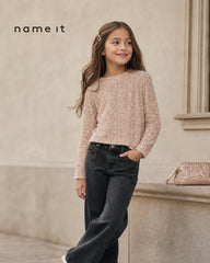 NAME IT BLUSH ORANGE BLACK BOW SEQUINED BLOUSE