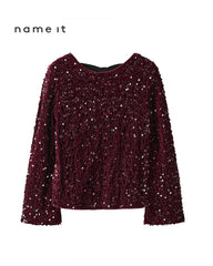 NAME IT BURGUNDY BLACK BOW SEQUINED BLOUSE