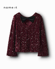 NAME IT BURGUNDY BLACK BOW SEQUINED BLOUSE