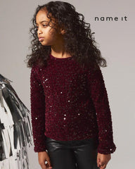 NAME IT BURGUNDY BLACK BOW SEQUINED BLOUSE