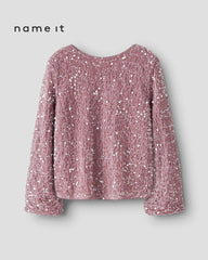 NAME IT DUSTY PINK BLACK BOW SEQUINED BLOUSE