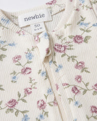 NEWBIE BABY CREAM FLORAL RIBBED ZIP UP ROMPER
