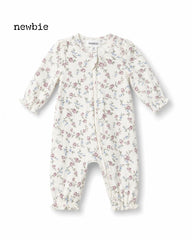 NEWBIE BABY CREAM FLORAL RIBBED ZIP UP ROMPER