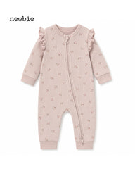 NEWBIE GIRLS PINK RIBBED FLORAL FRILL ZIP UP ROMPER