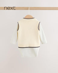 NEXT BABY CREAM KNITTED V-NECK VEST & LONG SLEEVE BODYSUIT SET - 2 PCS