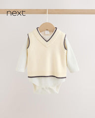 NEXT BABY CREAM KNITTED V-NECK VEST & LONG SLEEVE BODYSUIT SET - 2 PCS