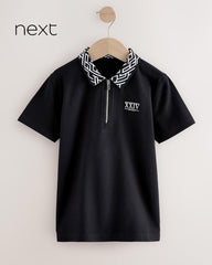 NEXT BLACK GEO COLLAR ZIP NEXK POLO SHIRT