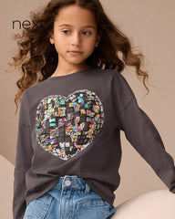 NEXT CHARCOAL GREY HEART SEQUIN LONG SLEEVE T-SHIRT