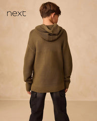 NEXT KHAKI GREEN UTILITY KNITTED HOODED JUMPER