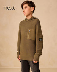 NEXT KHAKI GREEN UTILITY KNITTED HOODED JUMPER